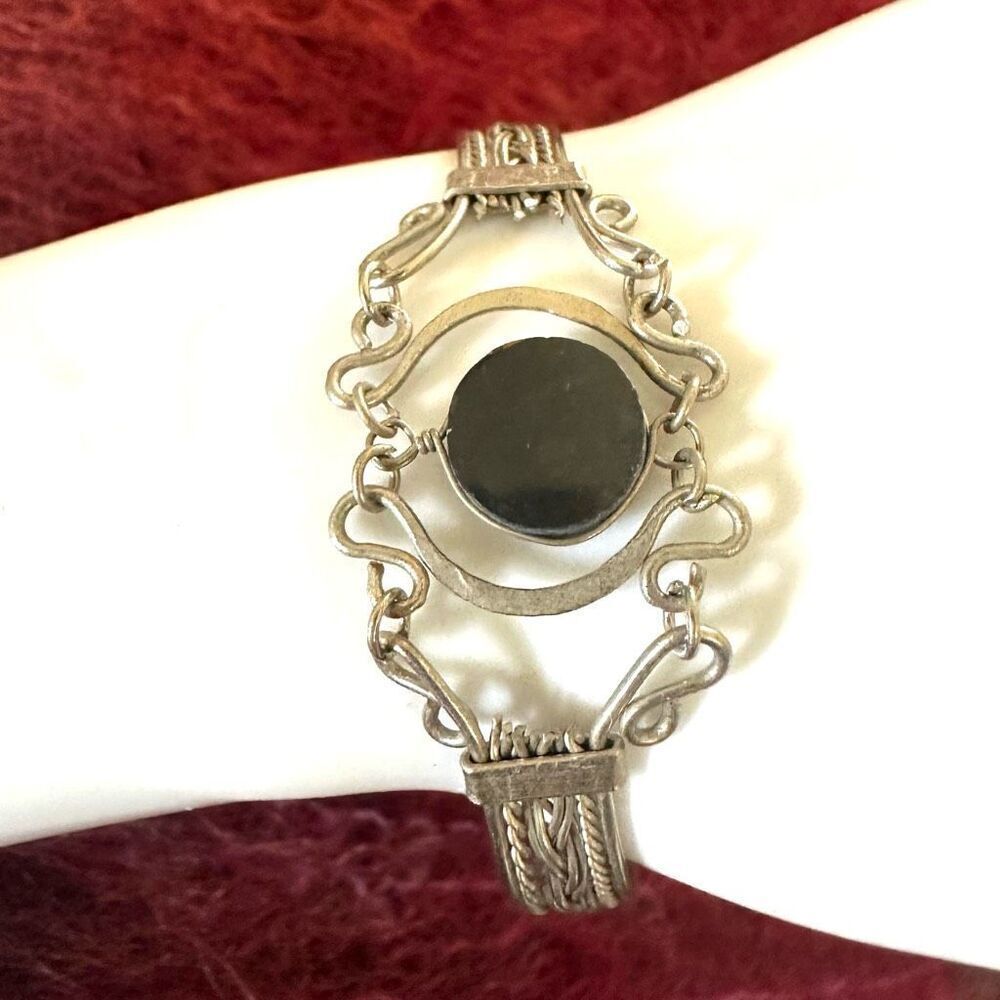 Vintage Silver Tone & Onyx Filigree Braided Semi Bangle Cuff Bracelet